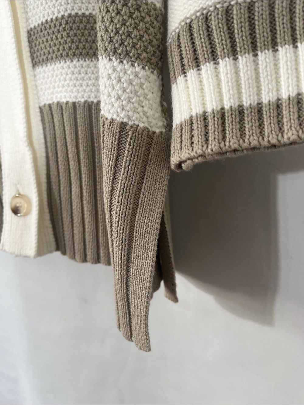 Striped V-Neck Button-Front Cardigan in Cream and Taupe - Picture 8 of 11